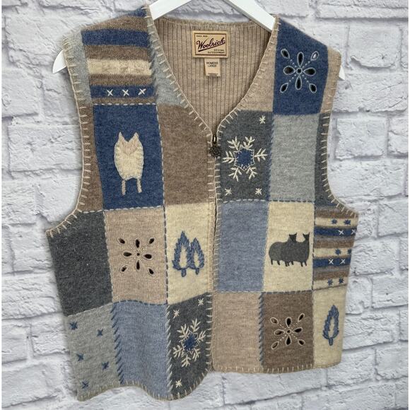 Vintage Woolrich Patchwork Winter Concept Vest Womens L Wool Beige Blue Owl Snow - Picture 2 of 6